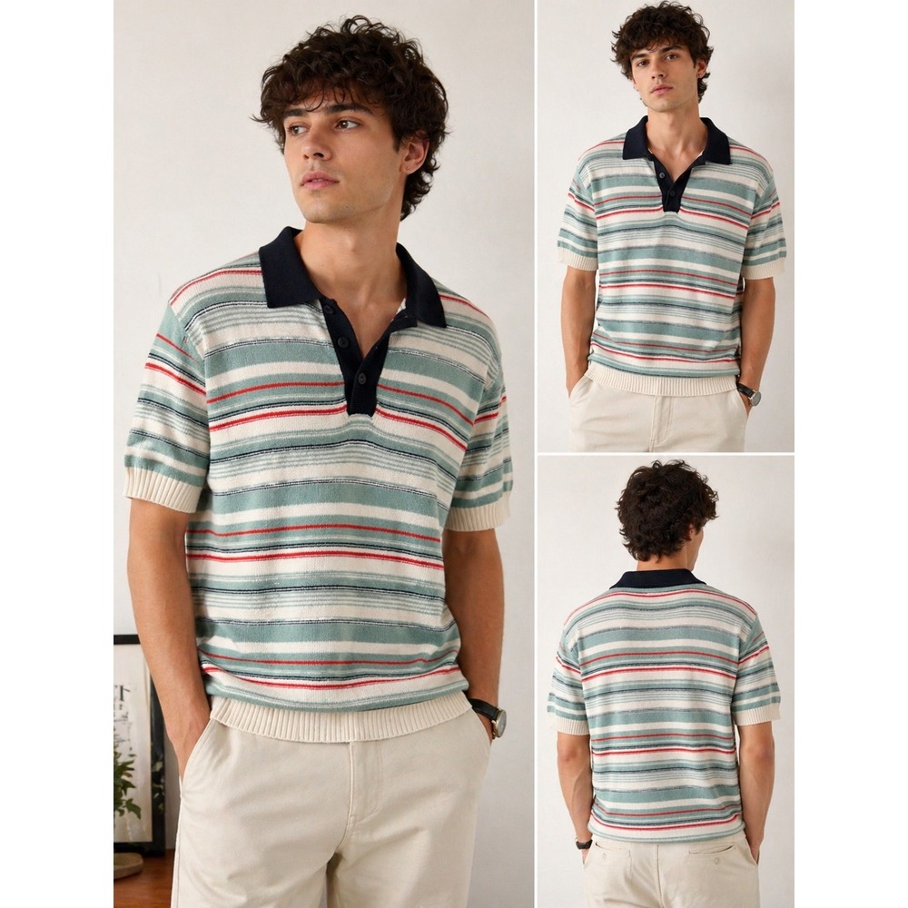 Zara Men's Striped Knit Polo Sweater Short Sleeve Size M